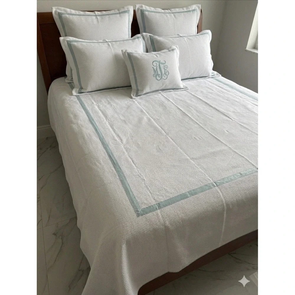 Look Linen Co Twin Banded Duvet Cover White Blue Trim Cotton Portugal Luxury
